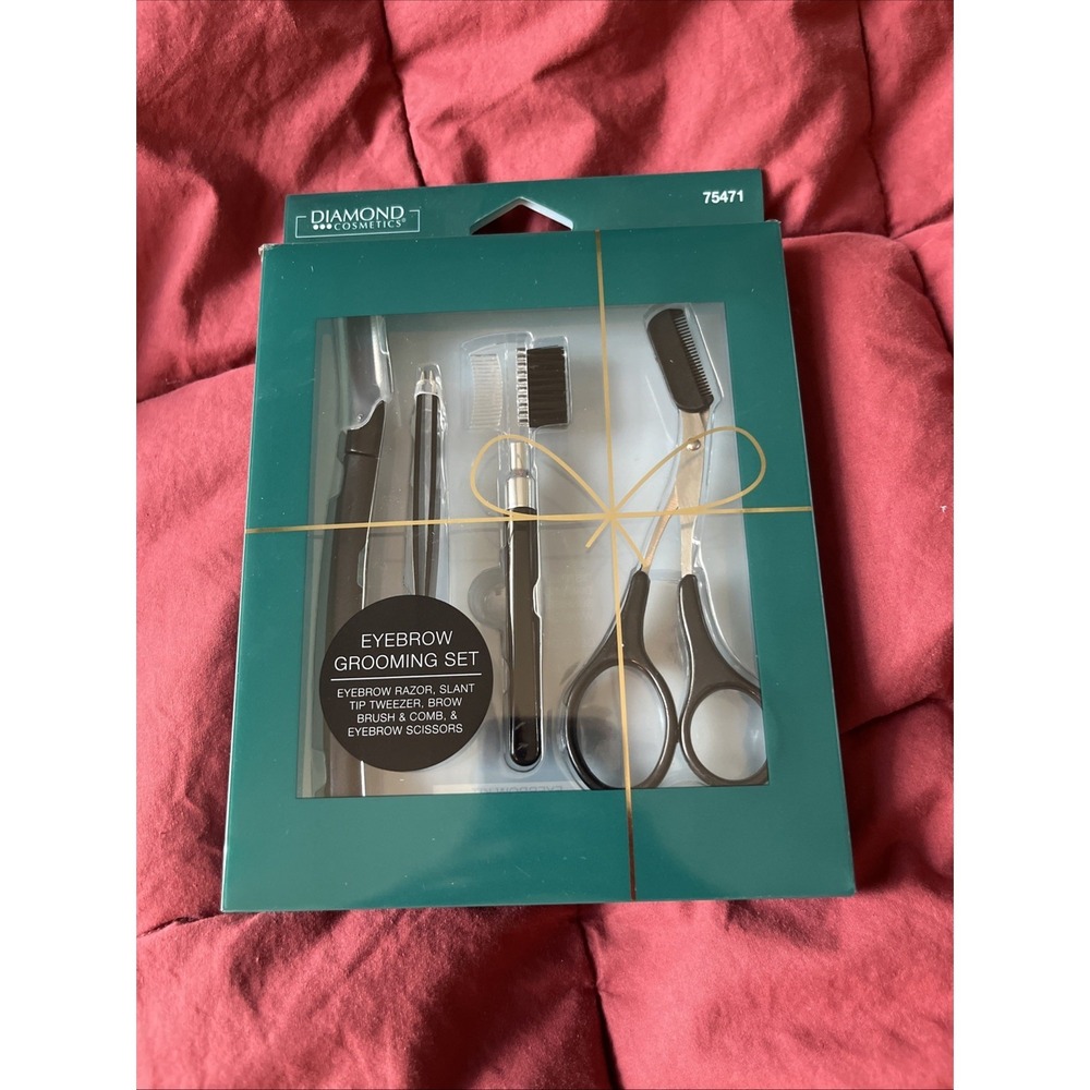 Diamond Eyebrow Grooming Set 4pc Kit – Razor, Tweezers, Brush, Scissors Gift